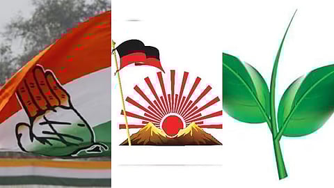 கை சின்னம் (காங்கிரஸ்), உதய சூரியன் (திமுக), இரட்டை இலை (அதிமுக)