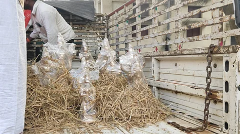 கும்பகோணம் அருகே வியாழக்கிழமை தேர்தல் பறக்கும் படையினரால் பறிமுதல் செய்யப்பட்ட ஐம்பொன் சிலைகள்.