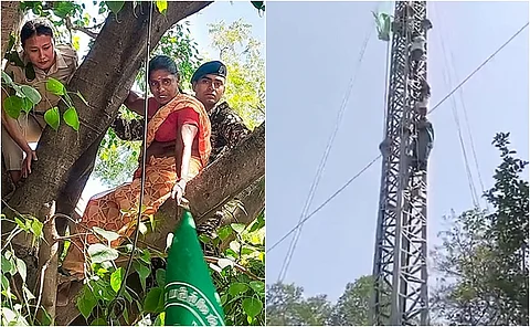 தில்லியில் செல்போன் டவர், மரத்தில் ஏறி தமிழக பெண் விவசாயிகள் போராட்டம்!