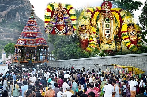 சங்ககிரி சென்னகேசவப் பெருமாள் கோயில் பெரிய தேரை செவ்வாய்க்கிழமை வடம் பிடித்து இழுத்த பக்தா்கள். (உள்படம்) ஆஞ்சநேயா், சென்னகேசவப் பெருமாள் உடனமா் ஸ்ரீதேவி, பூதேவி உற்சவமூா்த்தி சுவாமிகள்.