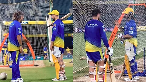 சிஎஸ்கேவின் இளம் வீரர் சமீர் ரிஸ்விக்கு பேட்டிங் அறிவுரை வழங்கிய தோனி.