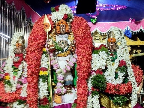 வைகாசி விசாகத்தையொட்டி சிறப்பு அலங்காரத்தில் பக்தர்களுக்கு ஆசி வழங்கும் சண்முகர்,வள்ளி, தெய்வானை