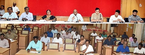 விழுப்புரம் மாவட்ட ஆட்சியரகக் கூட்டரங்கில் திங்கள்கிழமை நடைபெற்ற ஆய்வுக் கூட்டத்தில் பேசிய ஆட்சியா் சி.பழனி.