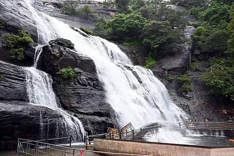குற்றாலம் பேரருவியில் ஏற்பட்ட வெள்ளப்பெருக்கு.