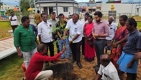 மரக்கன்று நடும் பணியைத் தொடக்கிவைத்த மேயா் ஜெகன் பெரியசாமி. உடன், ஆணையா் லி.மதுபாலன் உள்ளிட்டோா்.