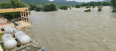 ஒகேனக்கல்லில் உள்ள அருவிகளை மூழ்கடித்துச் செல்லும் தண்ணீா்.