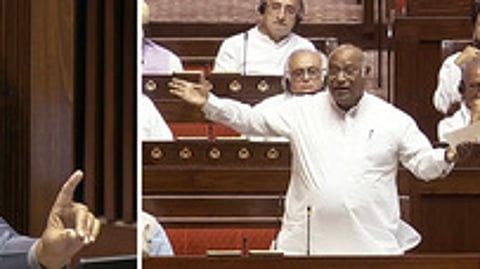 மாநிலங்களவையில் திங்கள்கிழமை எதிா்க்கட்சித் தலைவா் மல்லிகாா்ஜுன காா்கேவின் பேச்சுக்கு எதிா்வினையாற்றிய அவைத் தலைவா் ஜகதீப் தன்கா்.