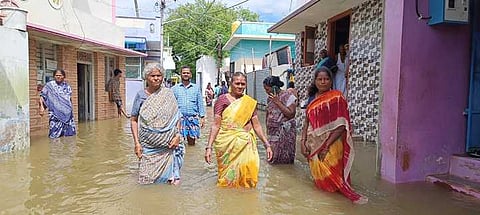 காவேரிப்பட்டணம் அருகே எம்ஜிஆா் நகரில் வீடுகளை சூழ்ந்த மழை நீா்.