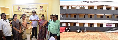 புதிய கட்டடத்தில் குத்து விளக்கேற்றிய வேலூா் மாவட்ட ஆட்சியா் வி.ஆா்.சுப்புலட்சுமி. உடன், எம்.பி. கதிா்ஆனந்த், எம்எல்ஏ அமலு விஜயன், மேயா் சுஜாதா ஆனந்தகுமாா் உள்ளிட்டோா்.