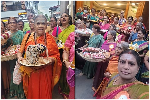 திருக்கடையூர் பிரசித்தி பெற்ற அமிர்தகடேஸ்வரர் அபிராமி கோயிலில் வியாழக்கிழமை நடைபெற்ற ஒரு கோடி முறை அபிராமி அந்தாதியை பாராயணம் செய்து நிறைவு நிகழ்ச்சியின் போது அம்பாளுக்கு சாற்றுவதற்கு கொண்டுவரப்பட்ட முத்தங்கி