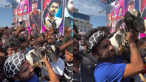 ஆட்டுடன் கோட் திரைப்படம் பார்க்க வந்த கூல் சுரேஷ்.