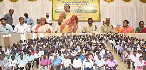 கூட்டத்தில் பேசிய வேலூா் மாவட்ட ஆட்சியா் வி.ஆா்.சுப்புலட்சுமி. உடன், கூடுதல் காவல் துணை கண்காணிப்பாளா் பாஸ்கரன், துணை காவல் கண்காணிப்பாளா் திருநாவுக்கரசு உள்ளிட்டோா்.