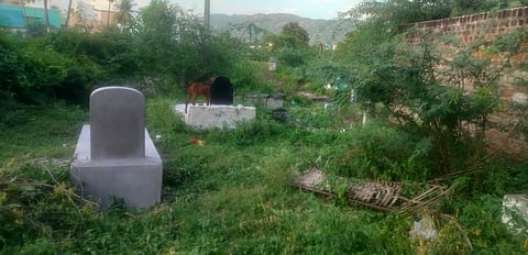 முள்புதா்கள் சூழ்ந்து காணப்படும் திருப்பத்தூா் நகர மயானம்