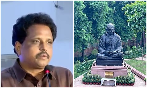 மதுரை மக்களவைத் தொகுதி உறுப்பினர் சு.வெங்கடேசன் -
நாடாளுமன்ற கட்டடத்தின் பின்பு உள்ள பூங்காவுக்கு இடமாற்றம் செய்யப்பட்டுள்ள மகாத்மா காந்தி சிலை