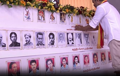 சுதந்திர போராட்ட தியாகிகள், மொழிப்போர் தியாகிகளின் படங்களுக்கு மலர்களை தூவி மரியாதை செலுத்திய தவெக தலைவர் விஜய்