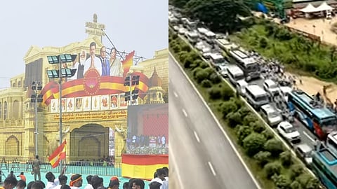 நெடுஞ்சாலையில் அணிவகுத்து நிற்கும் வாகனங்கள்