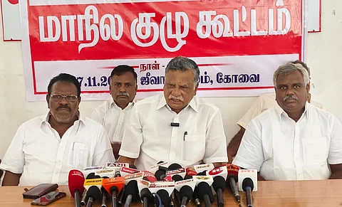 கோவையில் செய்தியாளர்களுடன் பேசிய இந்திய கம்யூனிஸ்ட் கட்சியின் மாநிலச் செயலாளர் முத்தரசன் .