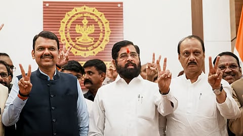 மகாயுதி கூட்டணித் தலைவர்கள் தேவேந்திர ஃபட்னாவீஸ், ஏக்நாத் ஷிண்டே, அஜித் பவார்