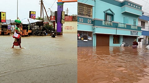 தொடர் பலத்த மழையால், மழைநீர் தேங்கி குளம்போல காட்சியளிக்கும் விழுப்புரம் புதிய பேருந்து நிலையம்., புதுச்சேரி ரெயின்போ நகரில் குடியிருப்புகளைச் சூழ்ந்த மழை வெள்ளம்.