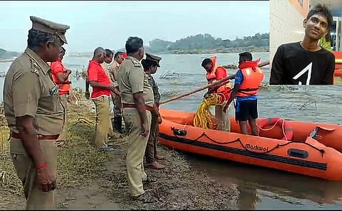ரப்பா் படகு மூலம் மாணவரைத் தேடும் பணியில் ஈடுபட்ட போலீஸாா், தீயணைப்புப் படையினா்.  உள்படம்: மாணவா் லியோ ஆதித்யன்.