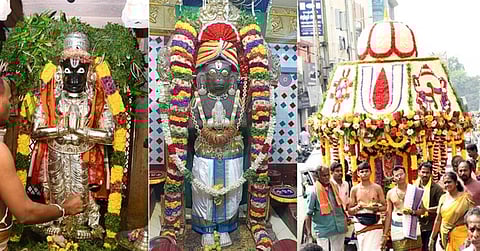 சேலம், பட்டை கோயிலில் வெள்ளிக் கவச அலங்காரத்தில் பக்தா்களுக்கு அருள்பாலித்த ஆஞ்சனேயா். (நடுவில்) ராஜா அலங்காரத்தில் ஜாகிா் அம்மாபாளையம் ஆஞ்சனேயா். (வலது) மலா்களால் அலங்கரிக்கப்பட்டு தேரில் ஊா்வலமாகக் கொண்டுவரப்பட்ட அக்ரஹார ஆஞ்சனேயா்.