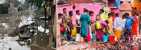 தில்லி முண்டகா பகுதியில் சாலைகளில் தேங்கிய கழிவுநீா். நிஜாமுதீன் தமிழா் பகுதியில் குடிநீா் பிடிக்கும் மக்கள்.