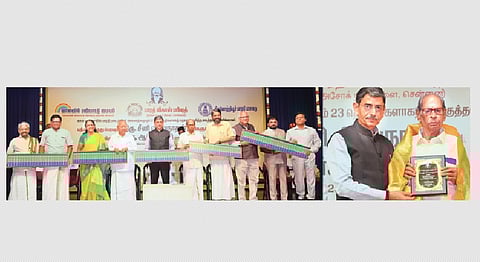 பத்மஸ்ரீ விருது அறிவிக்கப்பட்டுள்ள பாரதியியல் ஆய்வறிஞர் சீனி.விசுவநாதனுக்கு சென்னையில் செவ்வாய்க்கிழமை நடைபெற்ற பாராட்டு விழாவில், அவர் தொகுத்த காலவரிசைப்படுத்தப்பட்ட
பாரதி படைப்புகளை அறிமுகப்படுத்திய ஆளுநர் ஆர்.என்.ரவி. உடன், தொழிலதிபர் நல்லி குப்புசாமி செட்டி, டாக்டர் சுதா சேஷய்யன், சாஸ்த்ரா பல்கலைக்கழகத்தின் துணைவேந்தர் வைத்ய சுப்ரமணியன், "அல்லயன்ஸ்' சீனிவாசன், வழக்குரைஞர் ரவி, முனைவர் மா.கி.ரமணன் உள்ளிட்டோர்.