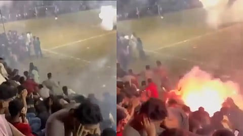 பார்வையாளர்கள் கூடத்தில் சிதறி விழுந்த பட்டாசுகள், பதறும் மக்கள்