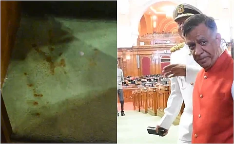பான்மசாலா போட்டுத் துப்பிய இடத்தை பார்வையிடும் எம்எல்ஏ.