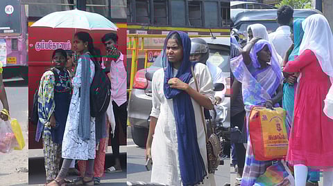 திருச்சியில் வியாழக்கிழமை வெயிலால் அவதிக்குள்ளான பொதுமக்களில் சிலா்.