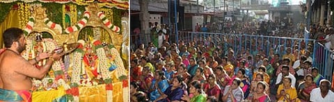 மதுரையில் இம்மையிலும் நன்மை தருவாா் திருக்கோயிலில் நடைபெற்ற திருக்கல்யாண வைபவம். திருக்கல்யாணத்தில் பங்கேற்ற பக்தா்களில் ஒரு பகுதியினா் .