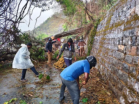 ஏற்காடு மலைப்பாதையின் எட்டாவது கொண்டை ஊசி வளைவில் விழுந்த மரத்தை அப்புறப்படுத்தும் பணியில் ஈடுபட்டுள்ள வனத்துறையினர்.