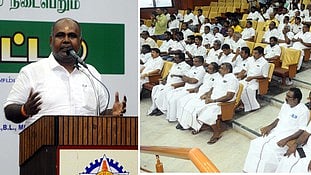 மதுரையில் சனிக்கிழமை நடைபெற்ற அதிமுக நிா்வாகிகள் ஆலோசனைக் கூட்டத்தில் பேசிய முன்னாள் அமைச்சா் ஆா்.பி. உதயகுமாா்.