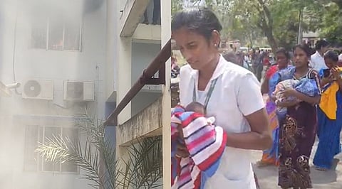 தஞ்சாவூா் அரசு மருத்துவமனை மகப்பேறு பச்சிளம் குழந்தை பிரிவில் திடீரென தீ விபத்து ஏற்பட்டதை அடுத்து உடனடியாக அந்த பிரிவில் இருந்த வெளியேற்றப்பட்ட கர்ப்பிணிகள் மற்றும் குழந்தைகள்.