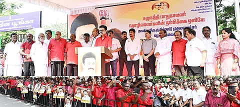 சென்னை சிந்தாதிரிபேட்டை மே நாள் பூங்காவில் நடைபெற்ற நிகழ்ச்சியில் பேசும் முதல்வர் மு.க.ஸ்டாலின்.