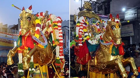 மதுரை சித்திரைத் திருவிழாவின் ஐந்தாம் நாளான சனிக்கிழமை மாலை மதுரை வடக்கு மாசி வீதி ராமாயணச் சாவடி மண்டகப்படியில் இருந்து தங்கக் குதிரை வாகனத்தில் வீதியுலாவந்த மீனாட்சி அம்மன். தங்கக் குதிரை வாகனத்தில் பிரியாவிடையுடன் எழுந்தருளிய சுந்தரேசுவரா்.