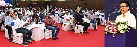 திமுக ஆட்சிப் பொறுப்பேற்று 4 ஆண்டுகள் நிறைவடைந்ததையொட்டி சென்னை கலைவாணா் அரங்கத்தில் செவ்வாய்க்கிழமை நடைபெற்ற பத்திரிகையாளா்கள் -ஊடகத் துறையினா் சந்திப்பு நிகழ்ச்சியில் உரையாற்றிய முதல்வா் மு.க.ஸ்டாலின்.