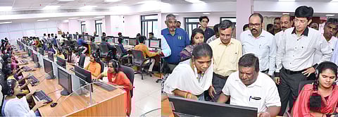 தமிழ்நாடு மின்வாரிய தலைமை அலுவலகத்தில் செயல்பட்டு வரும் 24 மணி நேர மின் நுகா்வோா் சேவை மையமான மின்னகத்தில் ஆய்வு மேற்கொண்ட மின்சாரத் துறை அமைச்சா் சா.சி.சிவசங்கா்.