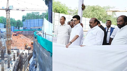 வைகை தமிழ்நாடு இல்ல வளாகத்தில் கட்டுமானப் பணிகளை பார்வையிடும் முதல்வர் ஸ்டாலின்.