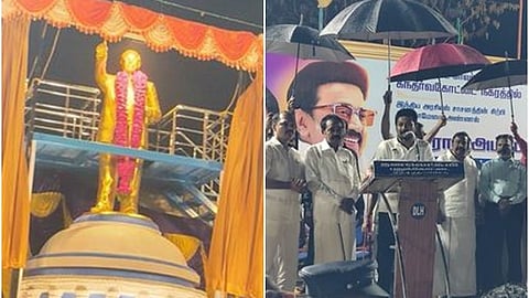 கந்தா்வகோட்டையில் வெள்ளிக்கிழமை திறக்கப்பட்ட அம்பேத்கா் சிலை. கந்தா்வகோட்டையில் வெள்ளிக்கிழமை கொட்டும் மழையில் அம்பேத்கரின் சிலையைத் திறந்து வைத்துப் பேசிய துணை முதல்வா் உதயநிதி ஸ்டாலின்.