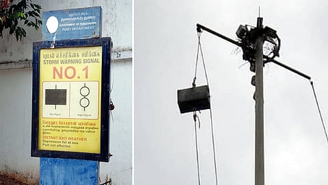 புதுச்சேரி பழைய துறைமுக பகுதியில் சனிக்கிழமை ஏற்றப்பட்டுள்ள 1-ம் எண் புயல் எச்சரிக்கை கூண்டு...