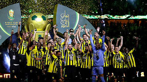 Al-Ittihad Club team players with kings cup. (pic from X, 
Al-Ittihad Club)