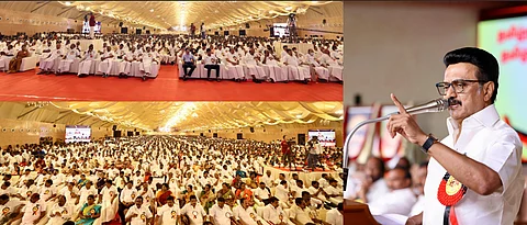 மதுரையில் ஞாயிற்றுக்கிழமை நடைபெற்ற திமுக பொதுக்குழு கூட்டத்தில் பேசும் திமுக தலைவரும் முதல்வருமான மு.க.ஸ்டாலின்.