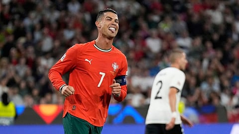 Portugal's Cristiano Ronaldo reacts after missing an opportunity to score during the Nations League semifinal soccer match between Portugal and Germany