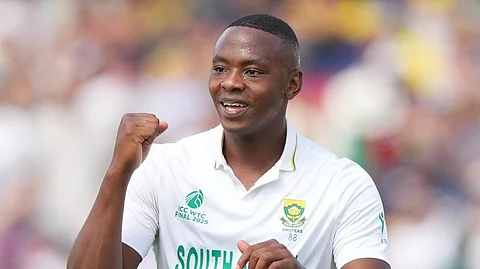 South Africa's Kagiso Rabada celebrates the dismissal of Australia's Beau Webster during the World Test Championship final