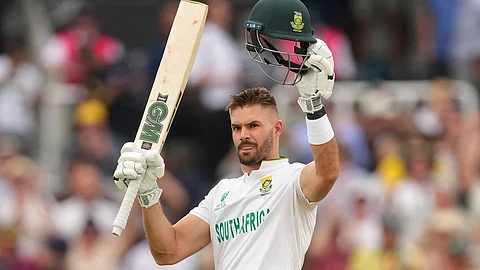 South Africa's Aiden Markram celebrates after scoring a century on day three of the World Test Championship final between South Africa and Australia