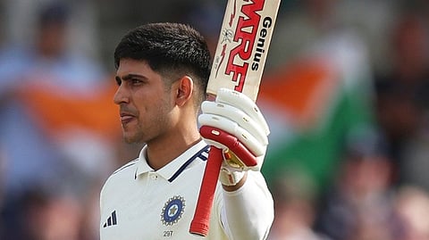 India's captain Shubman Gill celebrates after scoring a century on day one of the first cricket test match between England