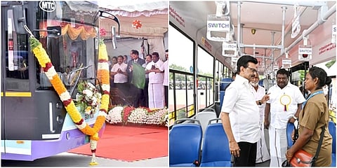 கேமரா பொருத்தப்பட்ட 120 புதிய தாழ்தள மின்சாரப் பேருந்துகளின் இயக்கத்தை கொடியசைத்துத் தொடங்கி வைத்த முதல்வா் மு.க.ஸ்டாலின், பேருந்து ஓட்டுநா்கள், நடத்துநா்களிடம் முதல்வா் கலந்துரையாடினாா். அப்போது, மின்சாரப் பேருந்துகளின் செயல்பாடுகளையும், பயணிகளுக்கான சிறப்பம்சங்களையும் கேட்டறிந்தாா்.