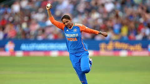 India's Harmanpreet Kaur celebrates the wicket of England's Nat Sciver-Brunt during the second Women's International T20