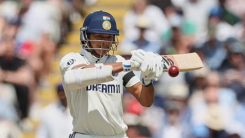 India's Yashasvi Jaiswal plays a shot on day one of the second cricket test match between England and India at Edgbaston in Birmingham